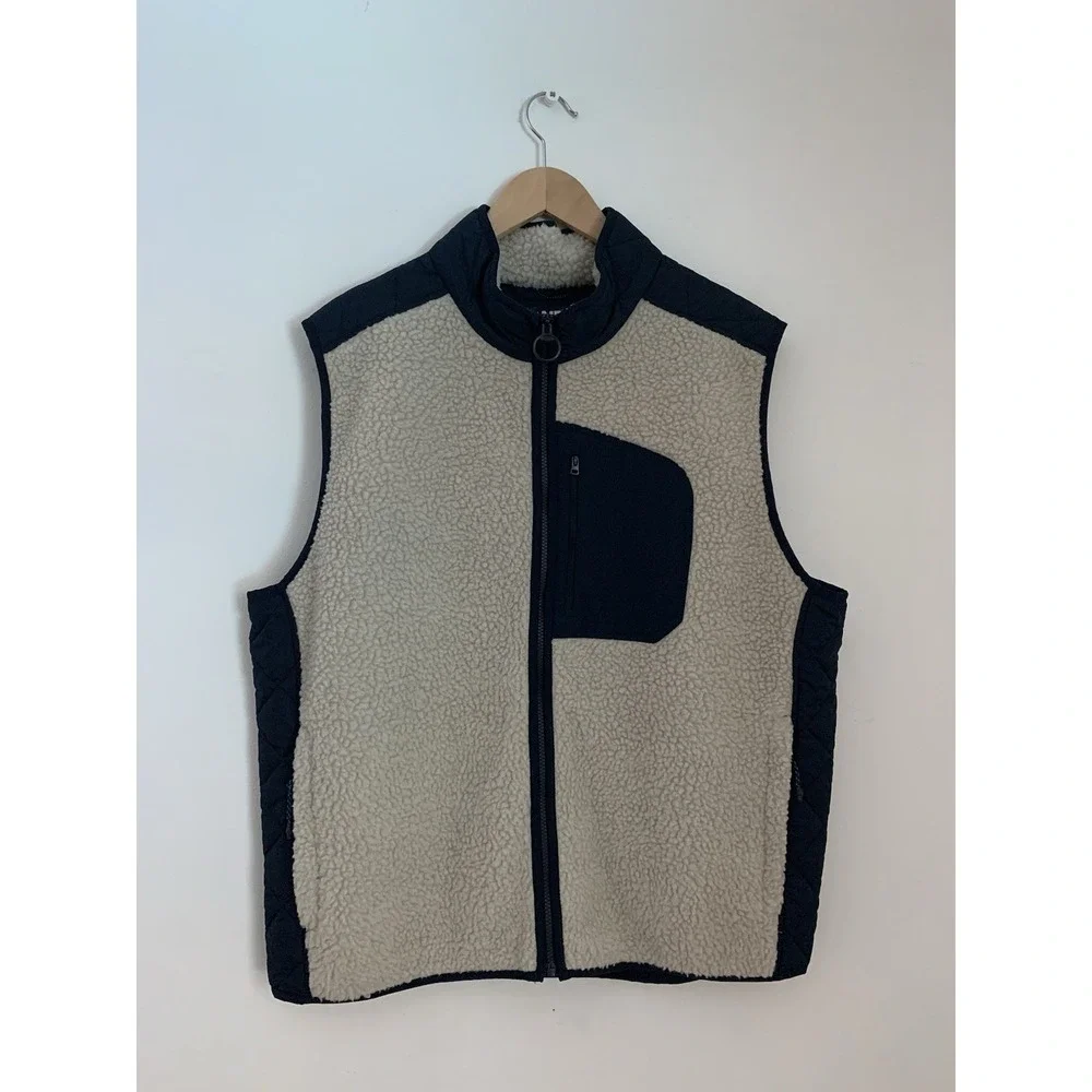 Lands' End Vest Men's Sz XL Fleece With Quilted Panels Ivory And Navy Gorpcore